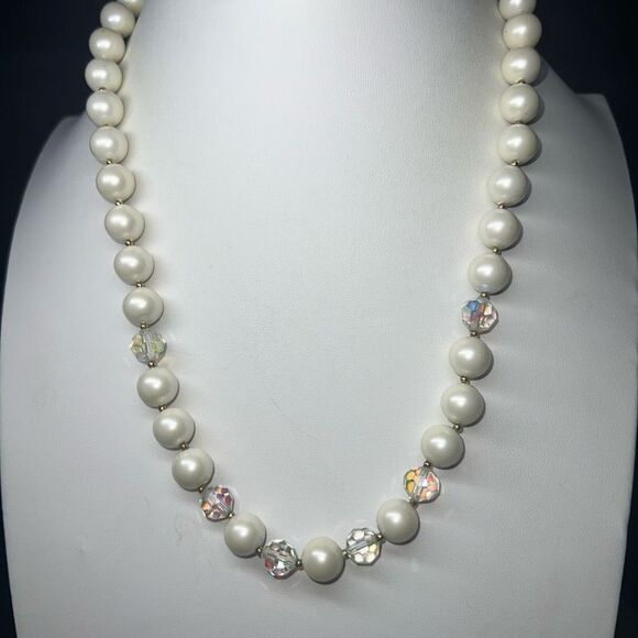 Vintage Faux Pearl and Aurora Borealis Bead Necklace - Picture 1 of 8